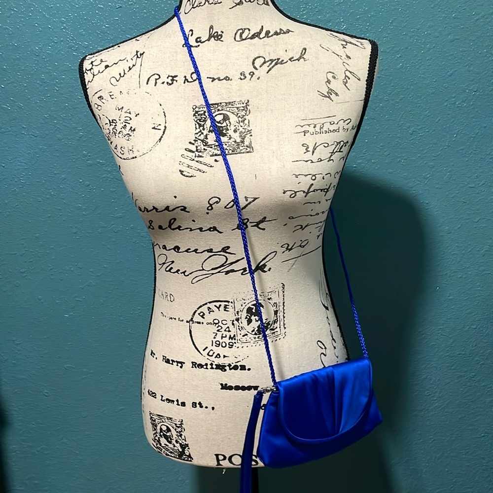 Cobalt Blue satiny evening bag, crossbody/wristlet strap is detachable